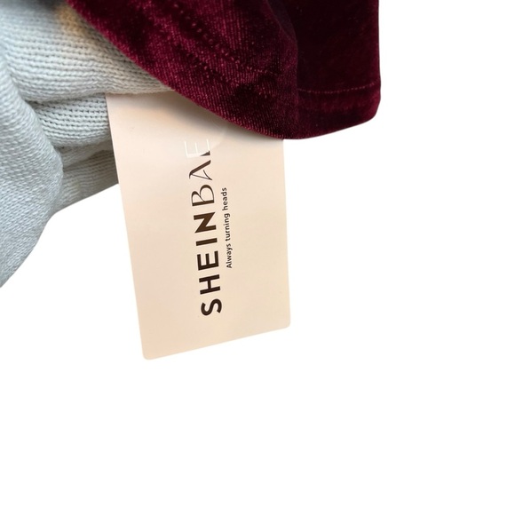 SHEIN Red Vevlet Adjustable Strap Mini Sleeveless Waist Defined V Neck Dress - Picture 4 of 9